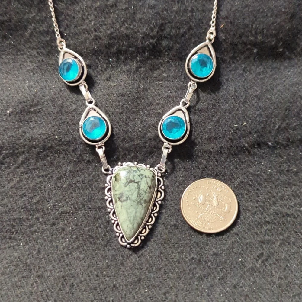 Silver Plated Green Moss Agate Gemstone Blue Crystal Statement Necklace